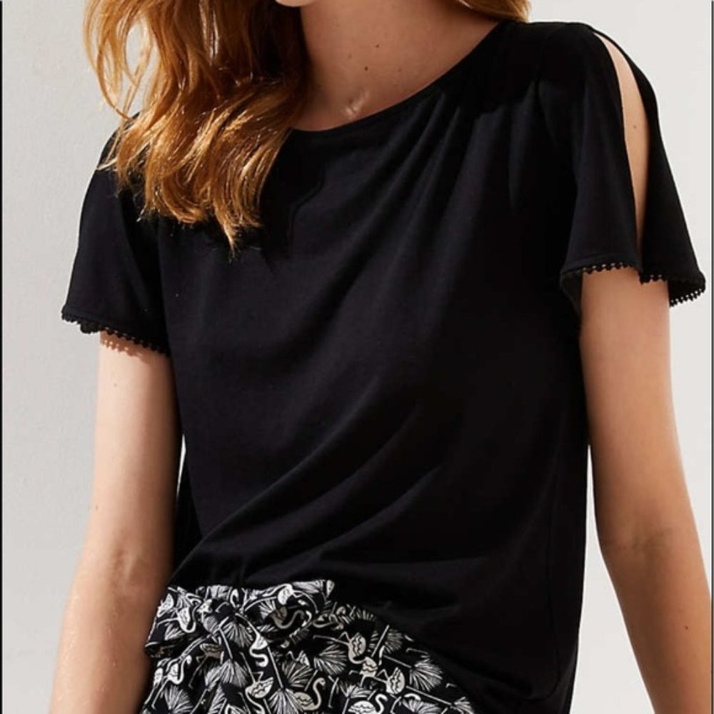 Loft Black Pom Pom Split Sleeve Tee